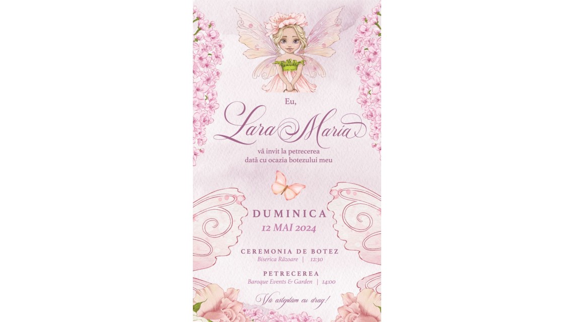 Invitație electronică botez fetiță cu fluturi,Tinkerbell și zâne bune 1